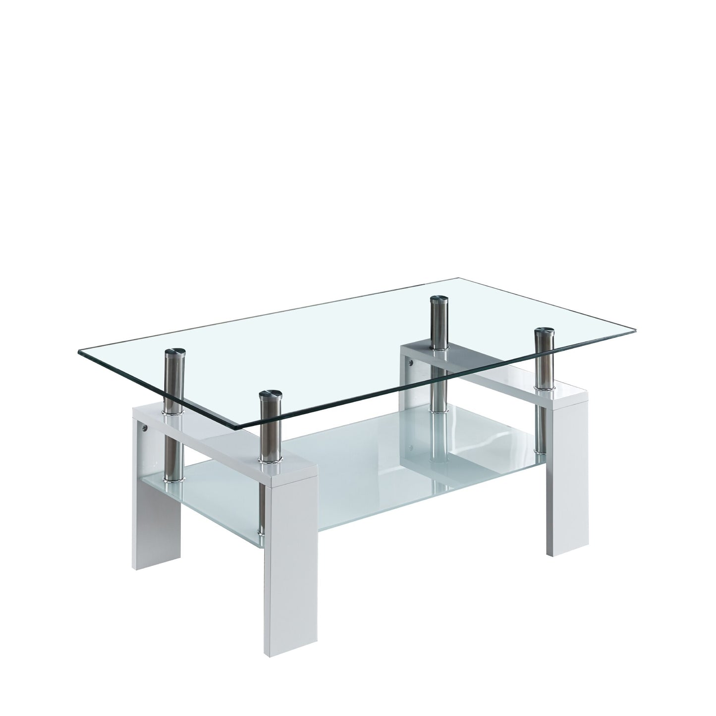 Artisan Center Coffee Table 2-Layer Tempered Glass Top Stainless Steel Legs for Living Room 37"Lx22"Dx16"H Black/White[US-W]
