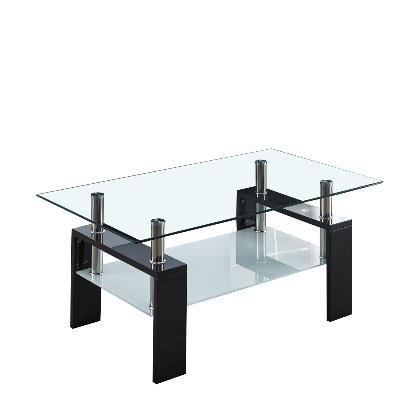 Artisan Center Coffee Table 2-Layer Tempered Glass Top Stainless Steel Legs for Living Room 37"Lx22"Dx16"H Black/White[US-W]