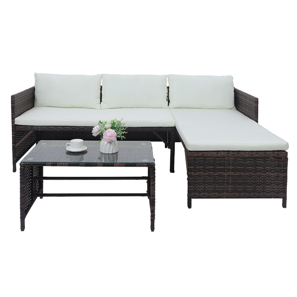 Outdoor Furniture Set 1 Double Seat 1 Chaise Seat 1 Coffee Table Combination Sofa Brown Gradient Ideal for Patio Garden[US-W]