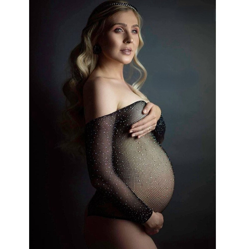 Bodysuit Rhinestones Maternity Photo Shoot Women One Size Sexy Clothes Black Gown For Pregnant Studio Accessories Body Outfit