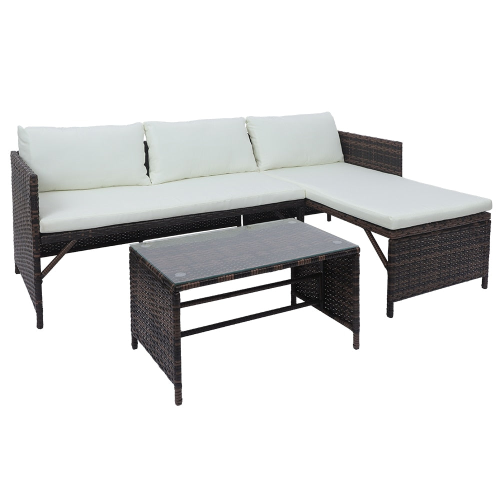 Outdoor Furniture Set 1 Double Seat 1 Chaise Seat 1 Coffee Table Combination Sofa Brown Gradient Ideal for Patio Garden[US-W]