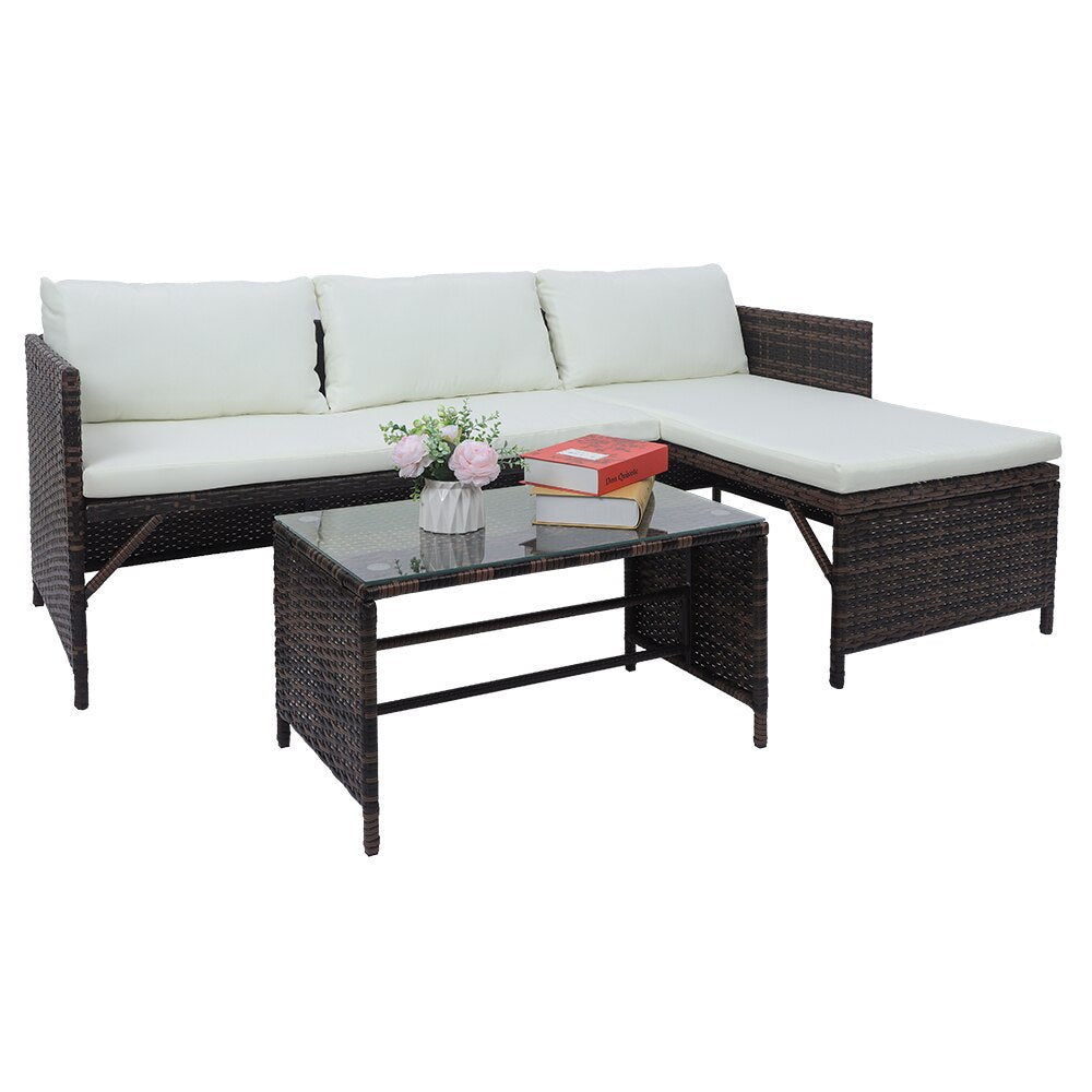 Outdoor Furniture Set 1 Double Seat 1 Chaise Seat 1 Coffee Table Combination Sofa Brown Gradient Ideal for Patio Garden[US-W]