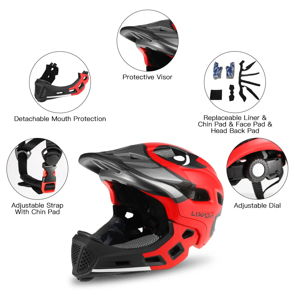 Lixada 14 Vents Full Face Helmet Kids Detachable Helmets Cycling Outdoor Sports Safety Helmet for Children Skateboarding Roller