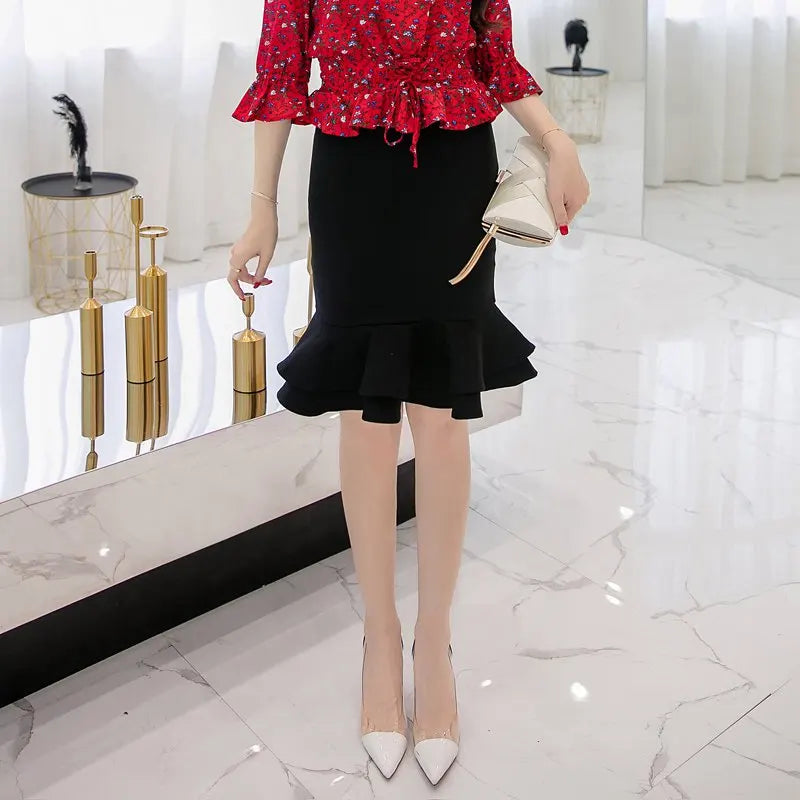 Pencil Skirt Elegant High Waist Ruffle Office Ladies