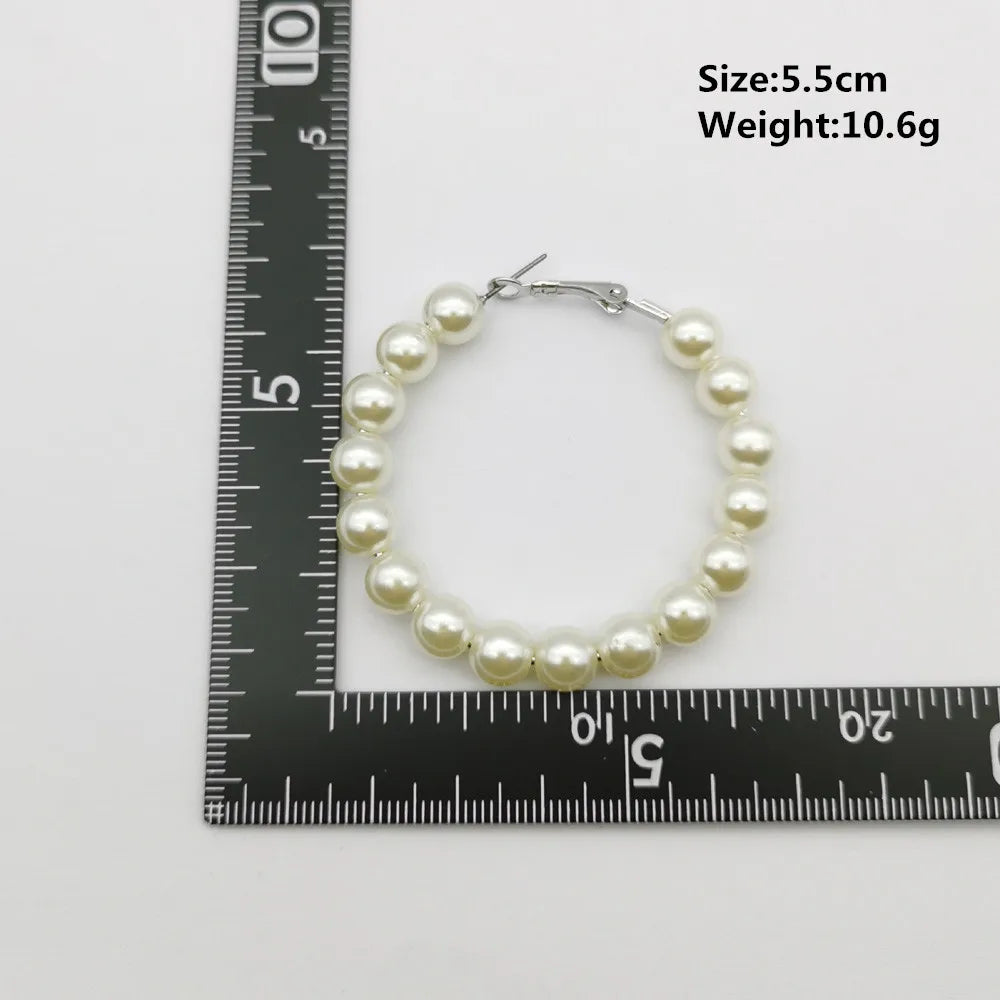 Women Elegant White Pearl Round Circle Hoop Earring Oversize Pearl Geometric Ear Rings Fashion Jewelry