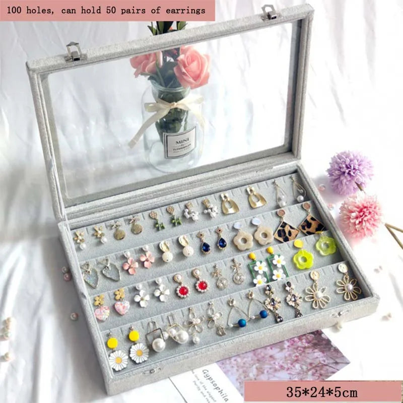 Transparent Glass Lid Jewelry Box Velvet