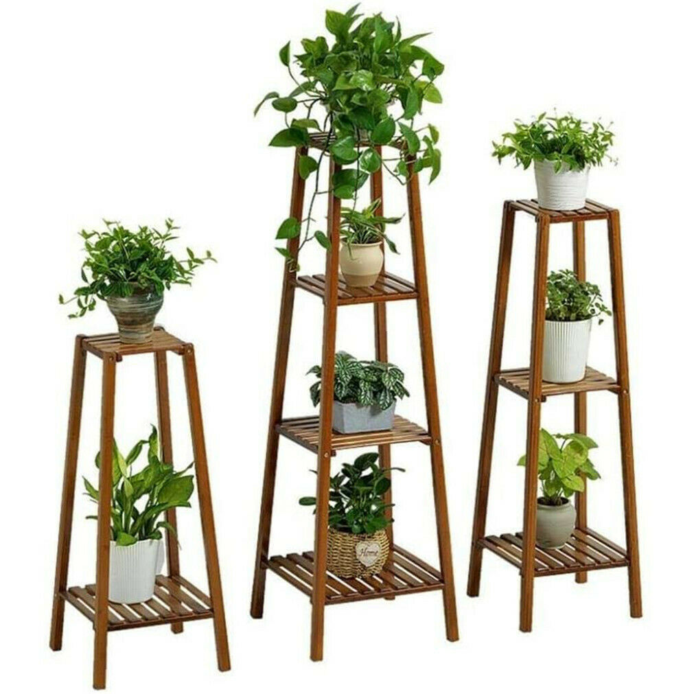 77/97/117cm Tall Bamboo Plant Stand Flower Pot Display Rack Shelf Indoor Outdoor - DJVWellnessandPets