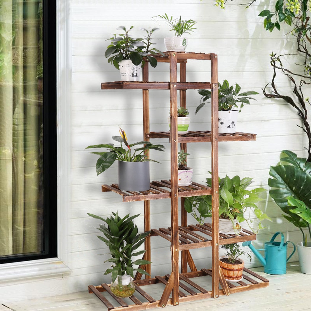 6 Tier Wooden Plant Stand Carbonized Wood Plant Stand Holder Flower Display Stand Flower Pot Rack Bonsai Display Bench Patio She - DJVWellnessandPets