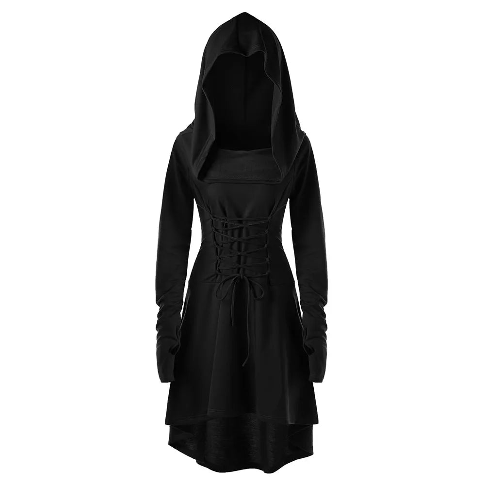 Gothic Dress Cloak Hooded Punk Plus Size Lace Up Dresses