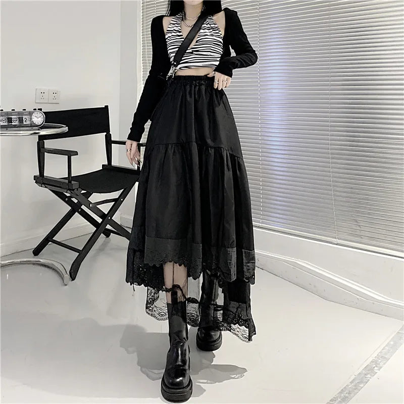 Y2k Gothic Tulle Pleated Skirt Black Lace Stitching Irregular Midi