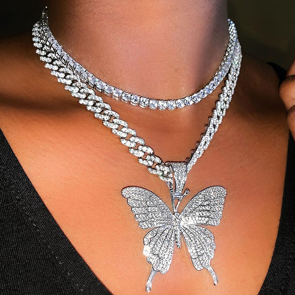 Stonefans Luxury Cuban Link Chain Choker Necklace Butterfly Pendant for Women Hip Hop Iced Out Rhinestone Necklace Jewelry