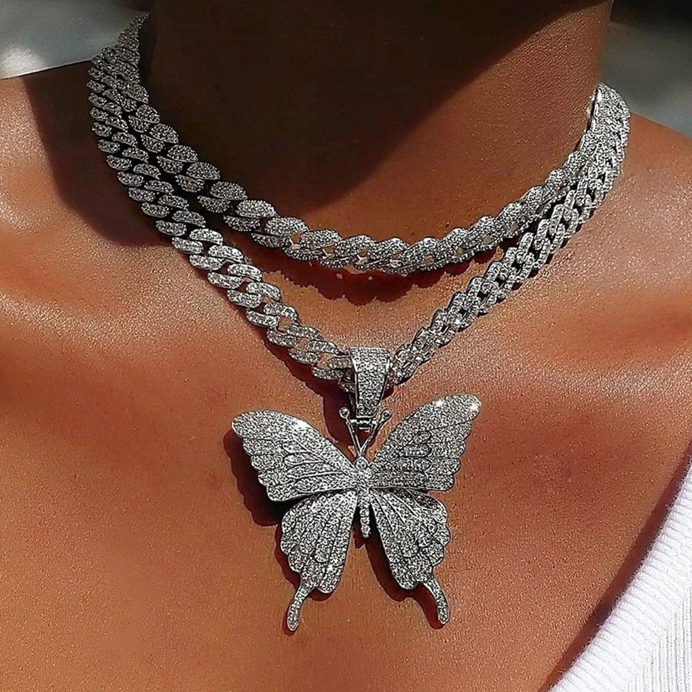 Stonefans Luxury Cuban Link Chain Choker Necklace Butterfly Pendant for Women Hip Hop Iced Out Rhinestone Necklace Jewelry