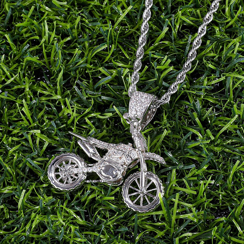 HIP Hop Full AAA Iced Out Bling CZ Cubic Zircon Copper Motorcycle Pendants & Necklaces For Men Jewelry With Tennis Chain