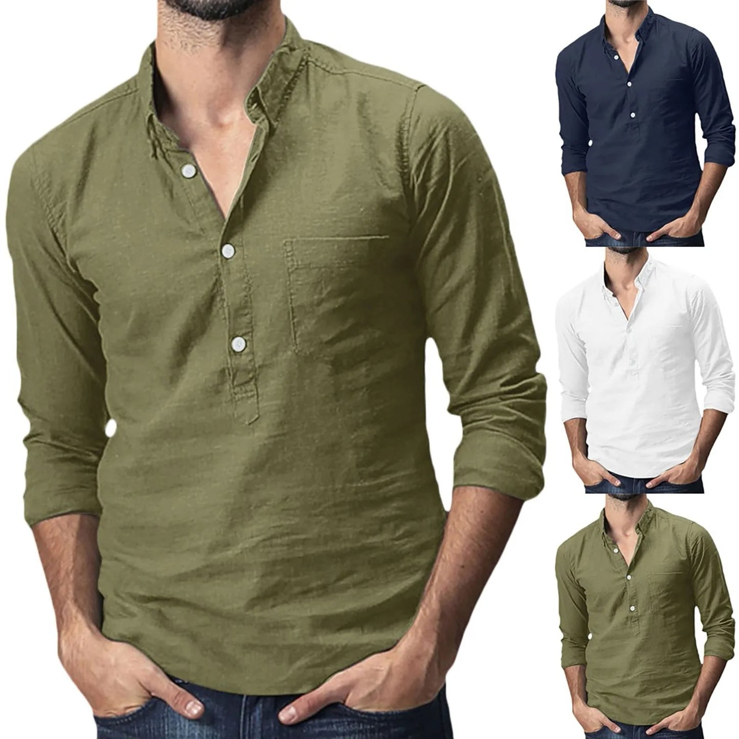 Summer Hawaiian Shirt Men's Baggy Cotton Linen Solid Pocket Long Sleeve Turn-down Collar Shirts Tops M-3xl Camisas Hombre