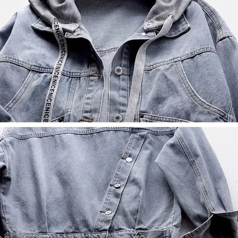 Blue Deconstructable Hooded Turn-down Collar Denim Jacket