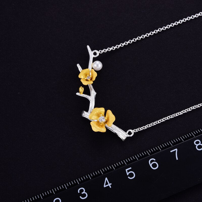 Lotus Fun Real 925 Sterling Silver Handmade Designer Fine Jewelry Delicated Plum Blossom Flower Necklace with Chain for Women