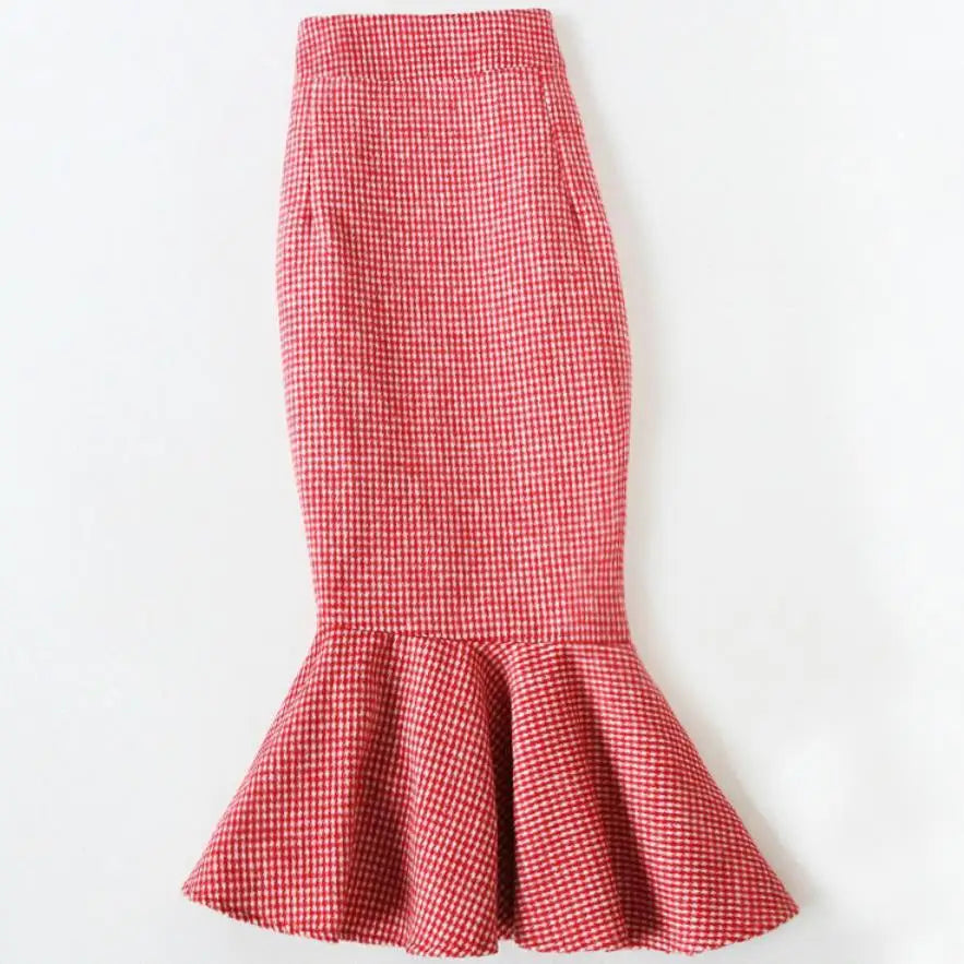 Red plaid woolen hip fishtail high waist mermaid trumpet skirt