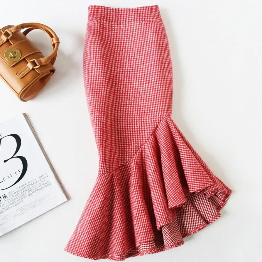 Red plaid woolen hip fishtail high waist mermaid trumpet skirt