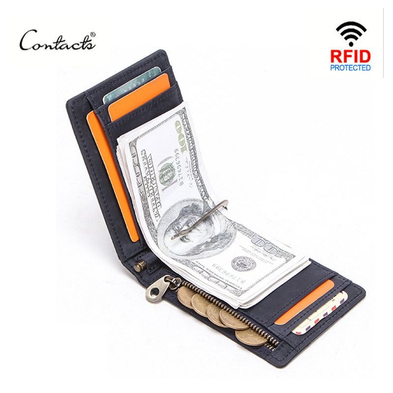 CONTACT'S men RFID Genuine Leather Card Wallet Slim Bifold  Money Clip Mini Purse Women Men Money Coin bag card holder pocket