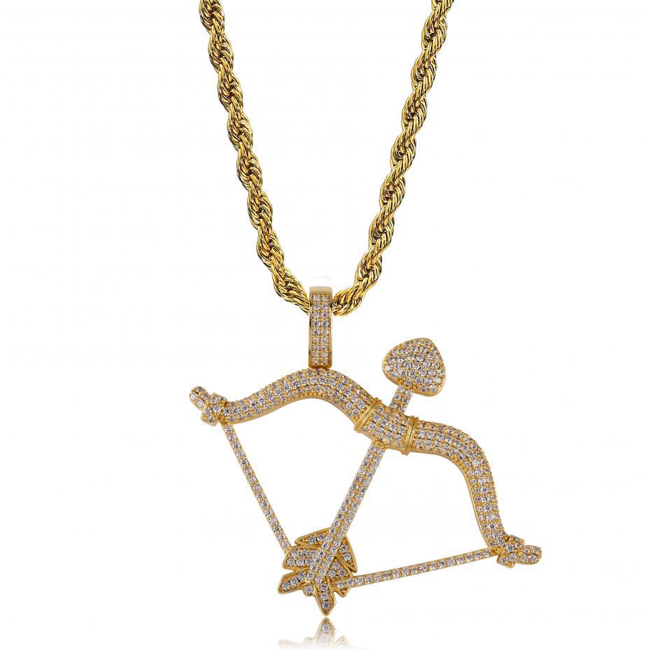 New Designed Iced Out Bow & Arrow Pendant Solid Back Necklace Hip Hop Gold Silver Color Mens/Women Charm Chain Jewelry