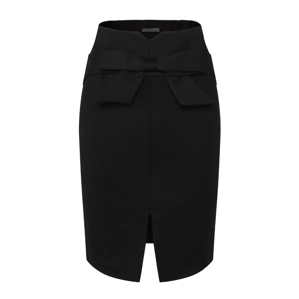 Midi Pencil Slim Front Split Bow High Waist Office Work Elegant Black