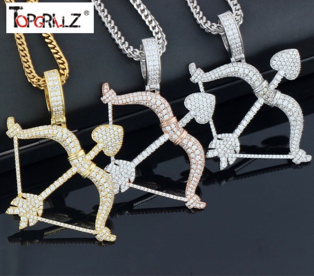 New Designed Iced Out Bow & Arrow Pendant Solid Back Necklace Hip Hop Gold Silver Color Mens/Women Charm Chain Jewelry