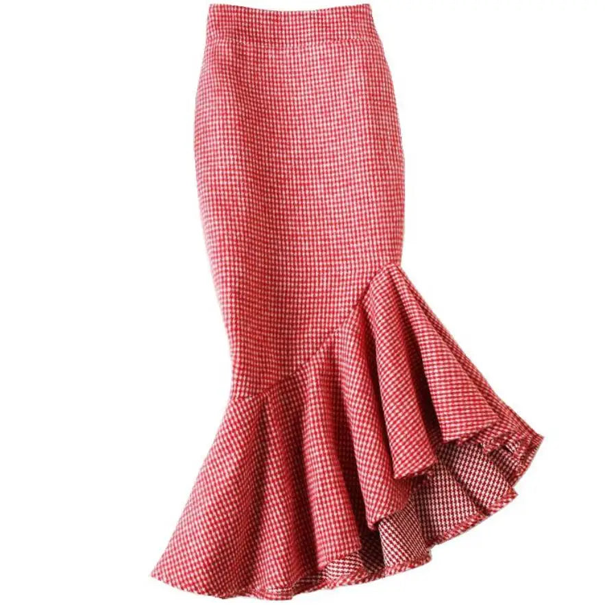 Red plaid woolen hip fishtail high waist mermaid trumpet skirt