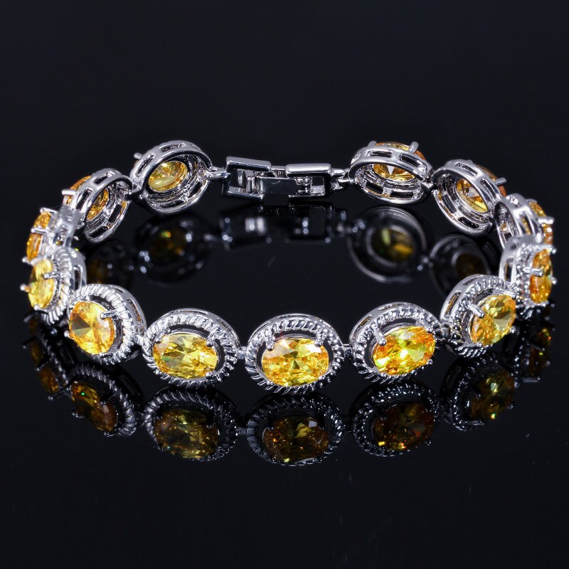 BeaQueen Fashion Big Oval Round Cubic Zirconia Yellow Stone Tennis Bracelets Silver Color Party Jewellry for Women B036