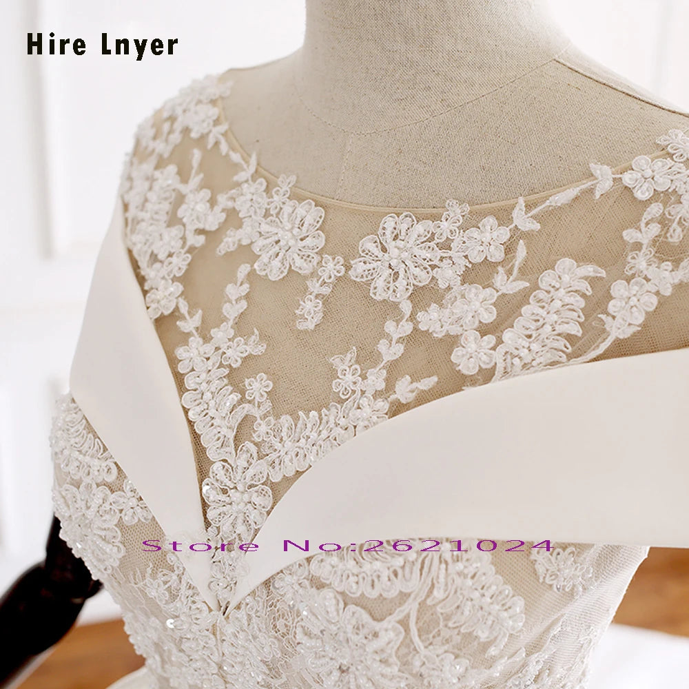 Custom Lace Appliques Beading Pearls French Satin Wedding/Prom Dresses