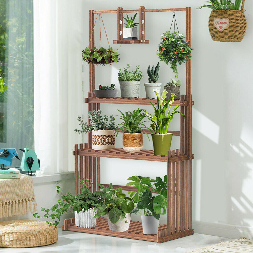 3-Tier Hanging Wood Plant Stand Planter Shelves Flower Pot Organizer Rack Multiple Display Holder Shelf Indoor Outdoor - DJVWellnessandPets