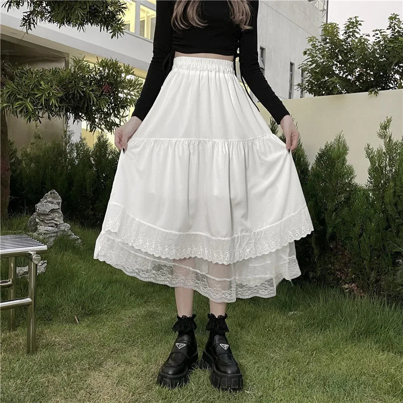 Y2k Gothic Tulle Pleated Skirt Black Lace Stitching Irregular Midi