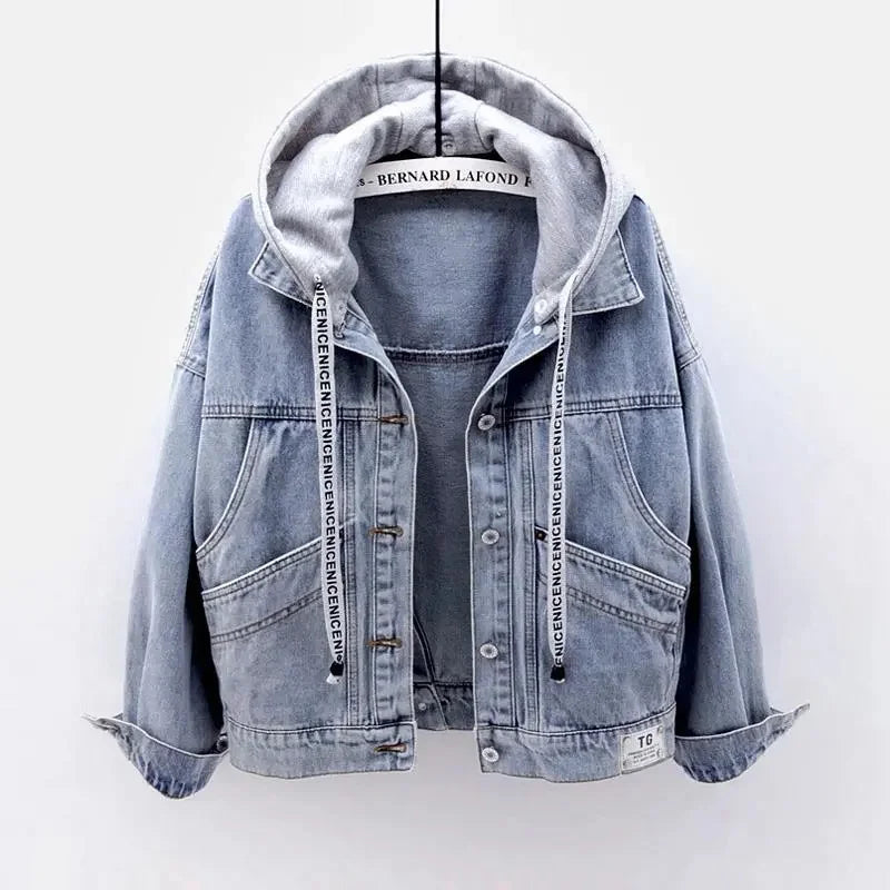 Blue Deconstructable Hooded Turn-down Collar Denim Jacket