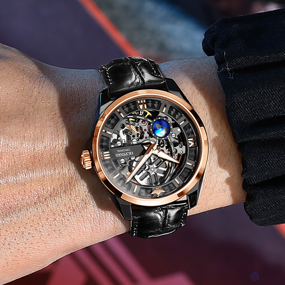 Genuine OUPINKE Skeleton Automatic Mechanical Watches For Men Comfortable Leather Strap Sapphire Mirror Sport Wristwatch - DJVWellnessandPets