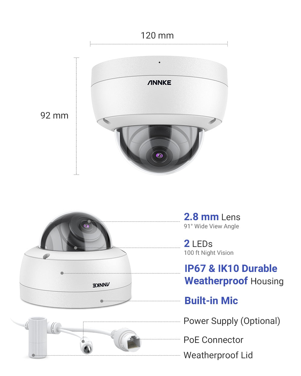 ANNKE 1PCS C500 Dome 5MP Ip Camera Outdoor IK10 Vandal-Proof POE Security Camera With Audio Recording POE Surveillance Camera - DJVWellnessandPets