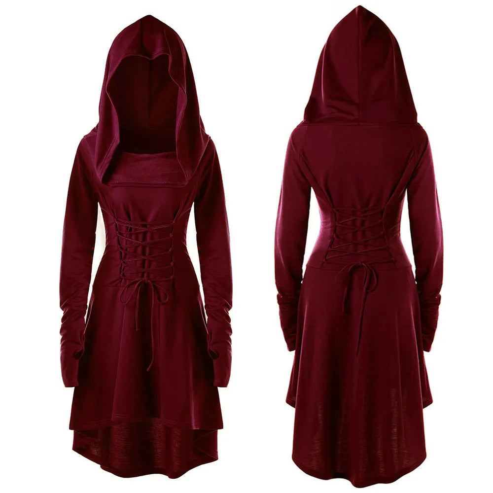 Gothic Dress Cloak Hooded Punk Plus Size Lace Up Dresses