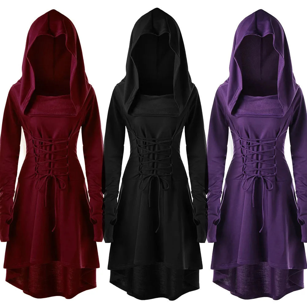 Gothic Dress Cloak Hooded Punk Plus Size Lace Up Dresses