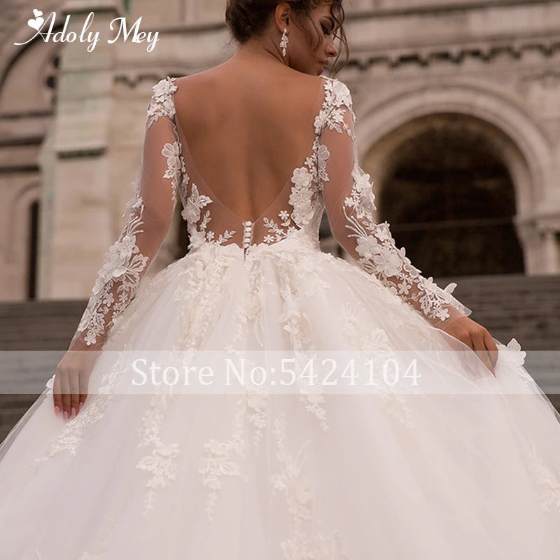 Gorgeous Flowers Applique Royal Train A-Line Wedding Dress