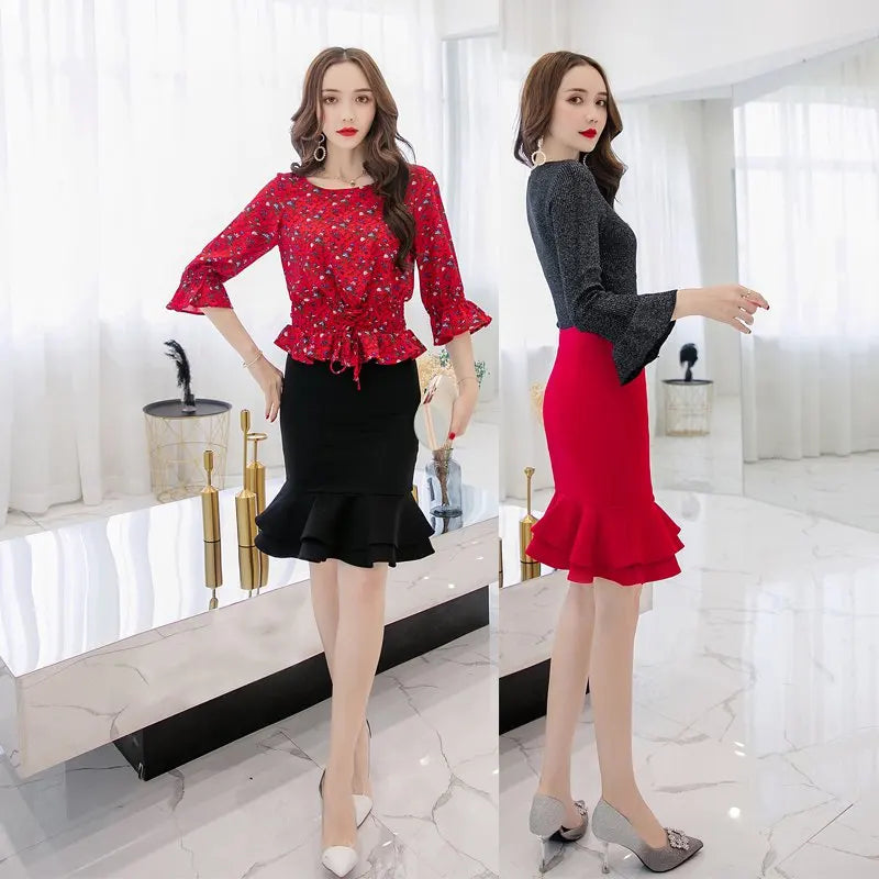 Pencil Skirt Elegant High Waist Ruffle Office Ladies