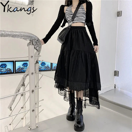 Y2k Gothic Tulle Pleated Skirt Black Lace Stitching Irregular Midi