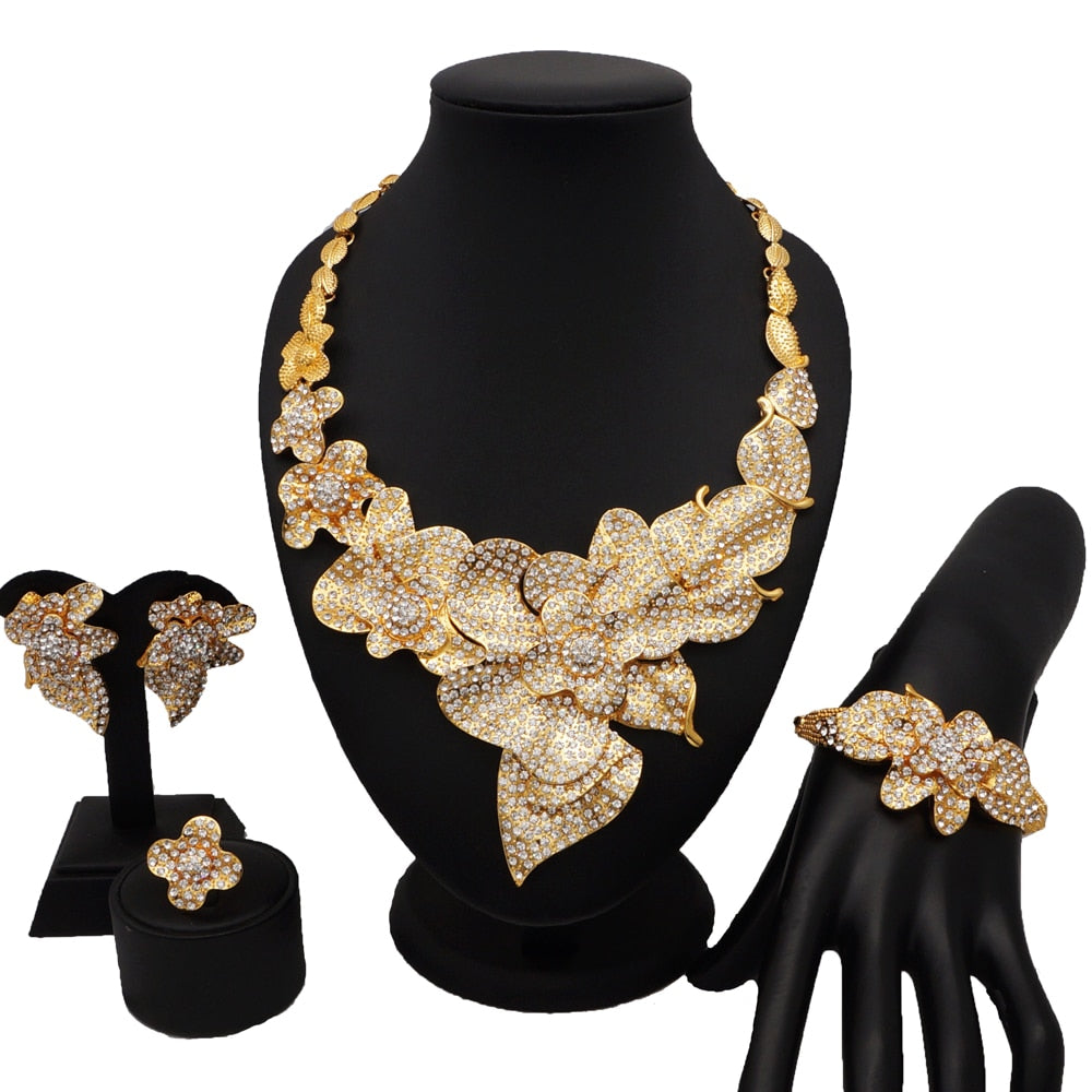 Dubai Jewelry Sets Women Fashion Necklace Sets Women Necklace Gold Color Bracelet African Women Nigerian Crystal Jewelry Sets