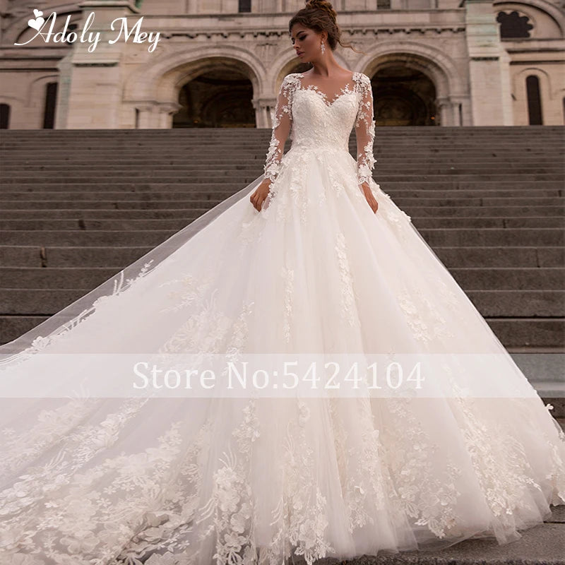 Gorgeous Flowers Applique Royal Train A-Line Wedding Dress