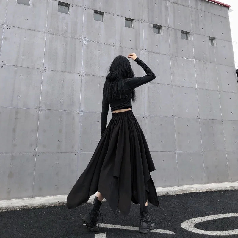 Dark Black Irregular High Waist Skirt Goth Punk