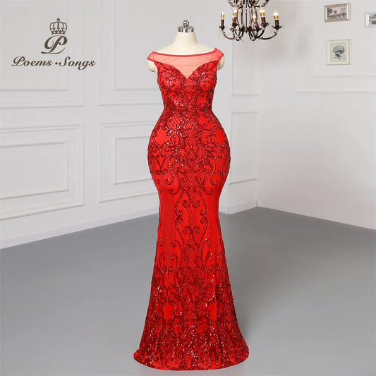 Plus size Sexy transparent yarn neck Red sequins Evening dresses prom dress evening gowns robe de soirée de mariage Maxi dress