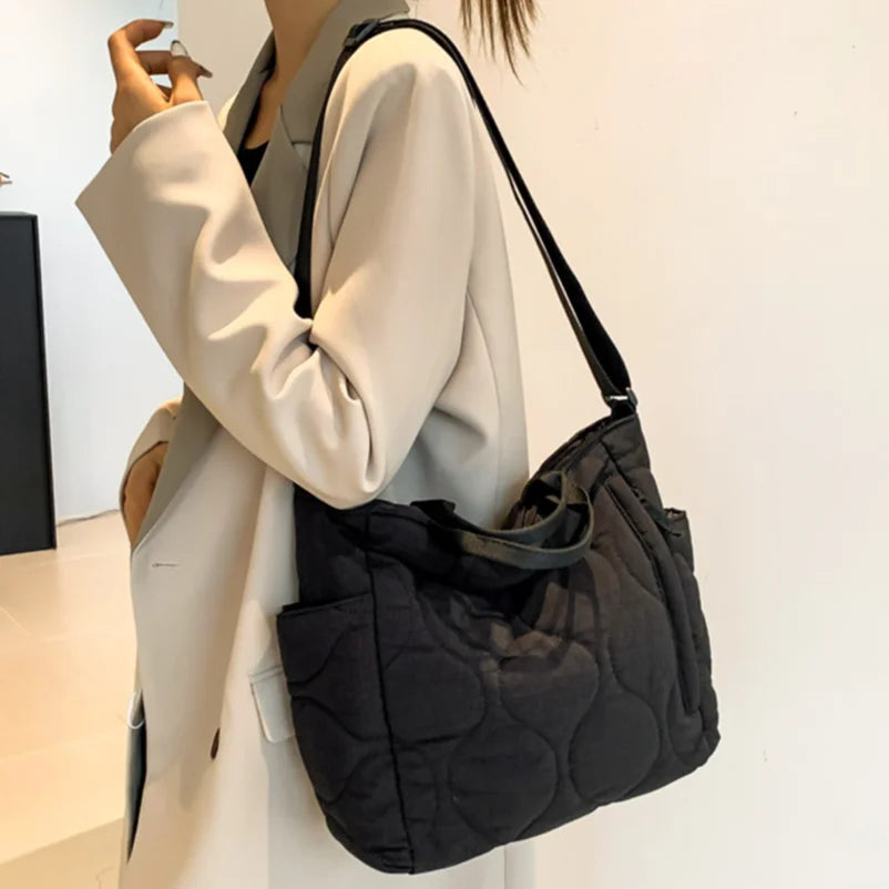 Winter Nylon Padding Women Shoulder Bag Large Capacity Soft Crossbody Bag Ladies Casual Commuting Satchel Bag Solid Tote Handbag