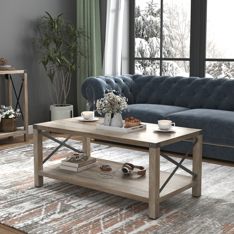 Tier Modern Farmhouse Coffee Table, Wood Rectangle Cocktail Table with Metal X- Frame (Gray, 40.94" w x 21.65" d x 17.91" h)