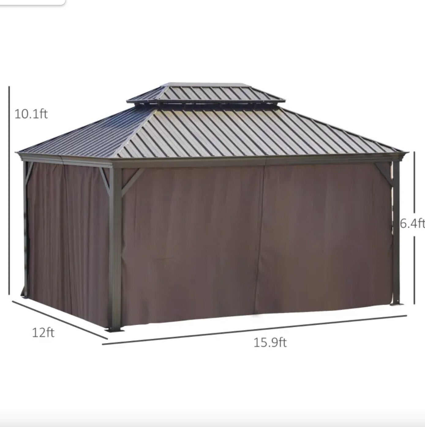 16&#39; x 12&#39; Outdoor Hard Top Terrace Gazebo with Galvanized Steel Frame, Mesh Sidewalls, Privacy Curtains, Brown - DJVWellnessandPets