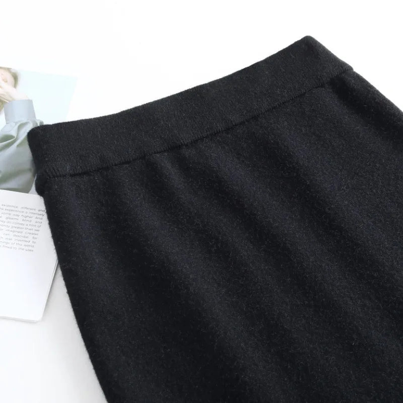 Elastic High Waist Knitting Wool Black Slim Fit