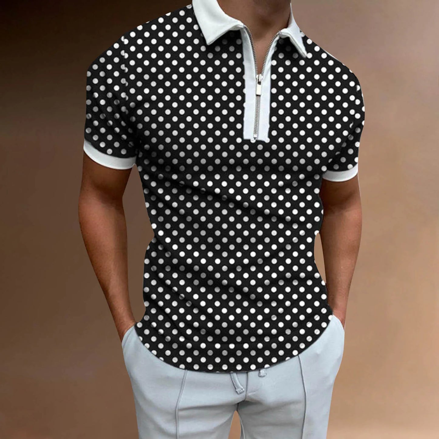 New Men Polo Shirt Long Sleeve Fashion Print Zipper Color Matching Clothes Luxury Male Tee Shirts