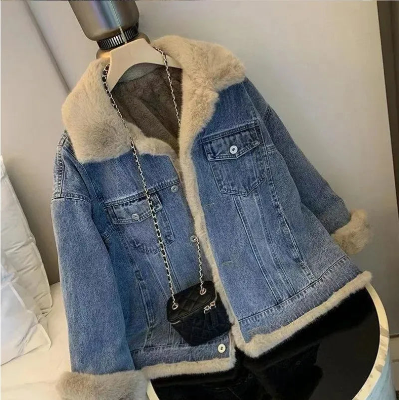 New Winter Fleece Thicken Denim Jacket Loose Casual