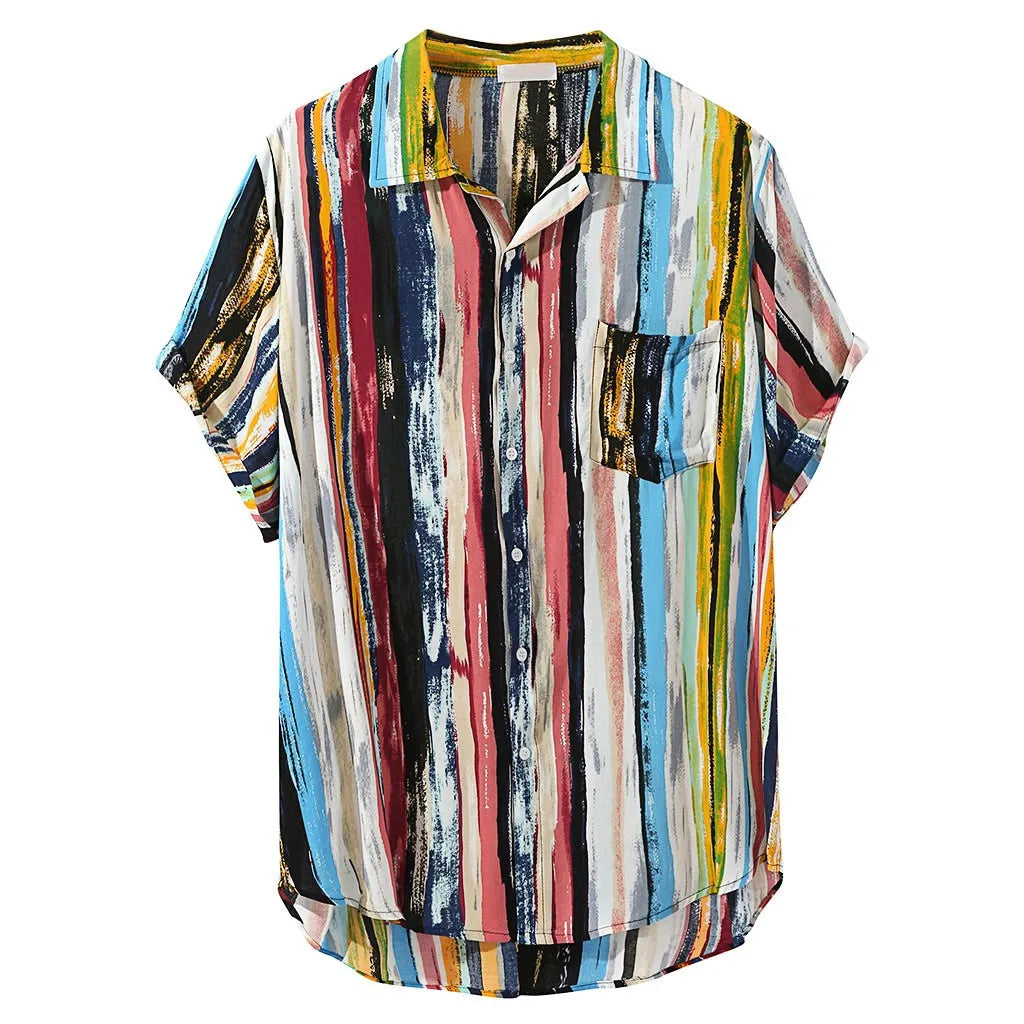 Mens Striped Loose Shirts Lump Chest Pocket Short Sleeve Turn Down Collar Male Blouse Summer Shirt Fashion Tops Ropa Hombre